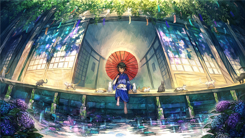 二次元插画紫阳花元素背景场景原画壁纸