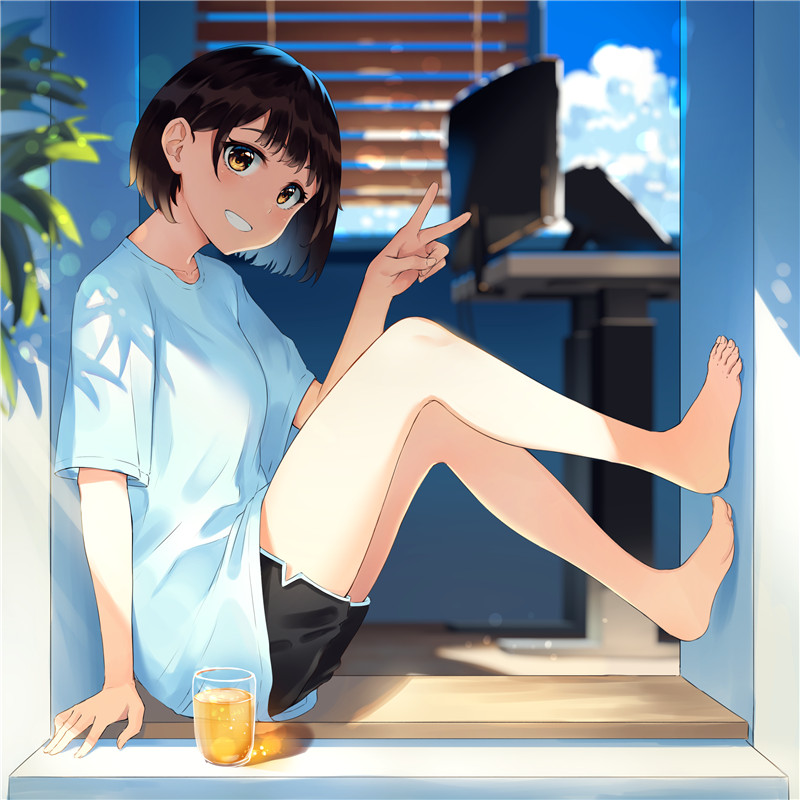 日系插画V字手势胜利手势描绘参考绘画图片素材