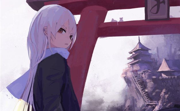 日本画师尾上廉白毛赤瞳少女二次元动漫插画作品原画美术素材合集