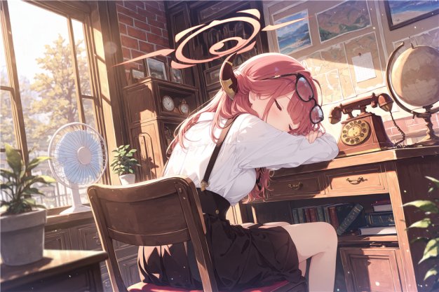 蔚蓝档案陆八魔阿露复古书房阳光氛围感插画全屏超清4K8K桌面壁纸