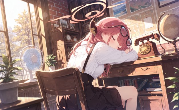 蔚蓝档案陆八魔阿露复古书房阳光氛围感插画全屏超清4K8K桌面壁纸