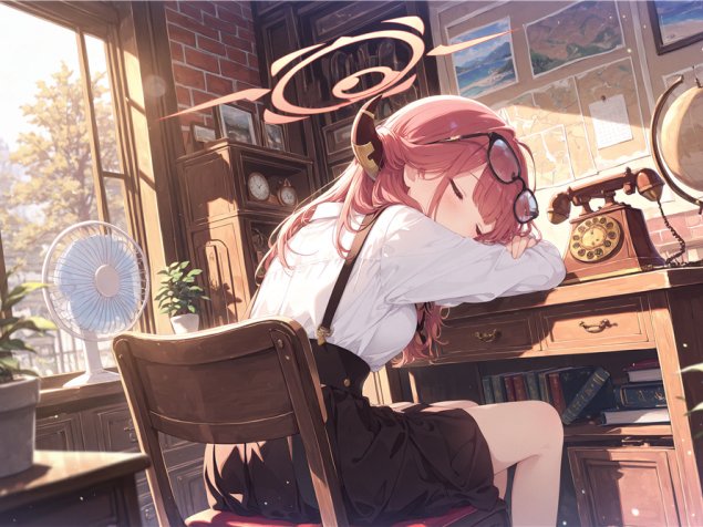 蔚蓝档案陆八魔阿露复古书房阳光氛围感插画全屏超清4K8K桌面壁纸